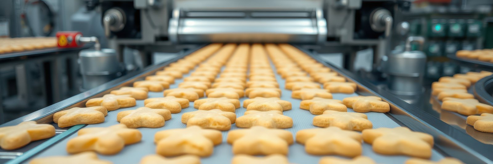 Cookies baking on a conveyor belt in a large industrial bakery during daytime production hours